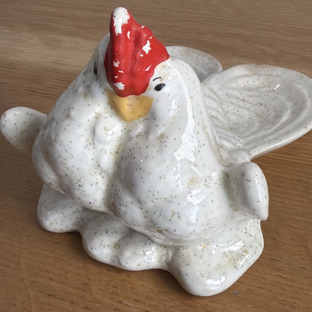Vintage MCM Rooster&hen Double Spoon Holder Rest‎ White Speckled